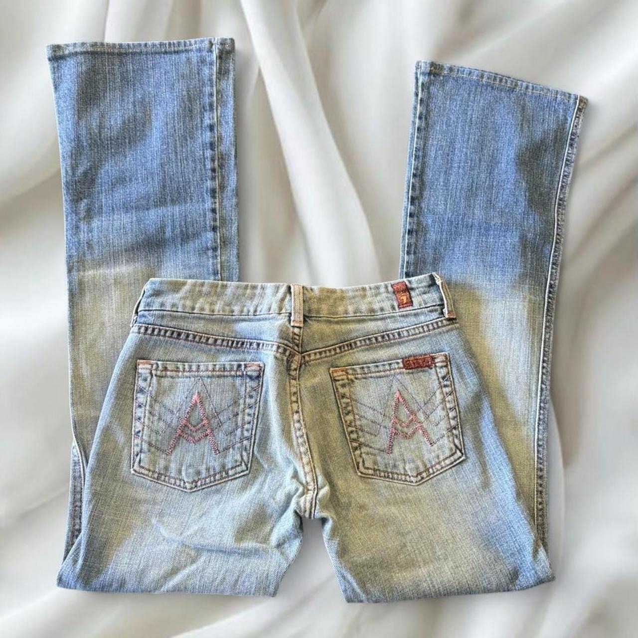 Y2k Vintage 7 For All Mankind Light Wash Pink Stitch A-Pocket Dojo Bootcut Jeans